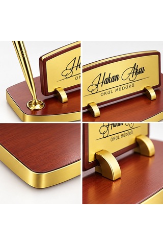 Bk Gift Kişiye Özel Kalemli Ahşap Masa İsimliği Gold Plakalı Bk26 -6 Çok Renkli