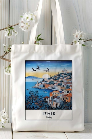 Art Hediye İzmir Baskılı Bez Çanta Omuz Çantası Kişiye Özel Desen Çok Renkli