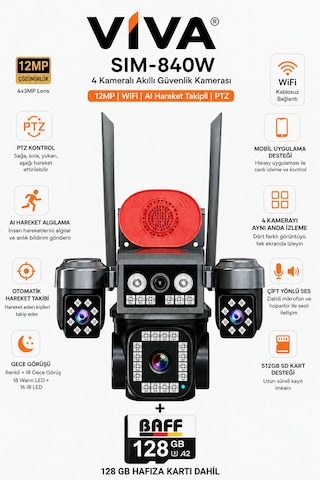 Sım-840w 4 Kameralı Güvenlik Kamerası 12mp Wifi Ptz Aı Hareket Takipli Renkli Gece Görüşlü Ip Kamera +128gb Hafıza Kart Dahil