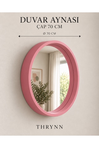 Dekoratif Duvar Aynası Yuvarlak Çerçeveli 70cm Pembe Şifonyer Ve Makyaj Masası Üstü