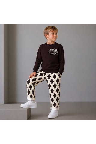 Happy Smile Baskılı Sweatshirt Ve Baklava Desenli Pantolonlu Erkek Çocuk 2'li Alt Üst Takım Kahverengi