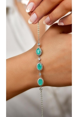 Roza Silver Paraiba Taşlı Rodyum Oval Anturaj Gümüş Bileklik