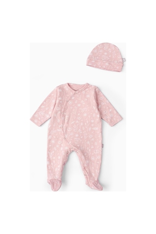 Boumini Bebek Patikli Tulum Şapka Set Bahar Çiçekli Pembe Pembe