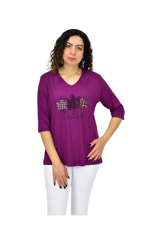 Caftan Kadın Kısa Kol Taşlı Bluz Bgl-st04711 Mor
