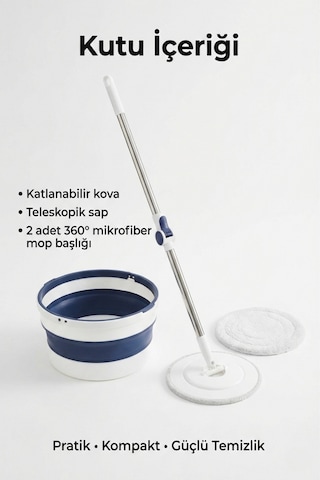 Katlanabilir Spin Mop Temizlik Seti 7l Kova, 360 Döner Başlık, Teleskopik Sap, Yer Tasarruflu Mop Seti