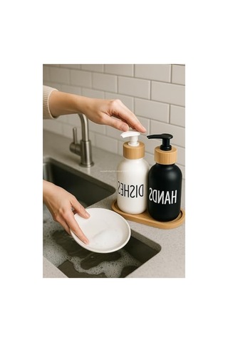 Şık İkili Bulaşık Deterjanlık Ve Sabunluk Seti, Bambu Tepsili 50 x 22