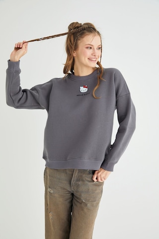 Hello Kitty Lisanslı Baskılı Kalın Oversize Fit Gri Sweatshirt Renkli
