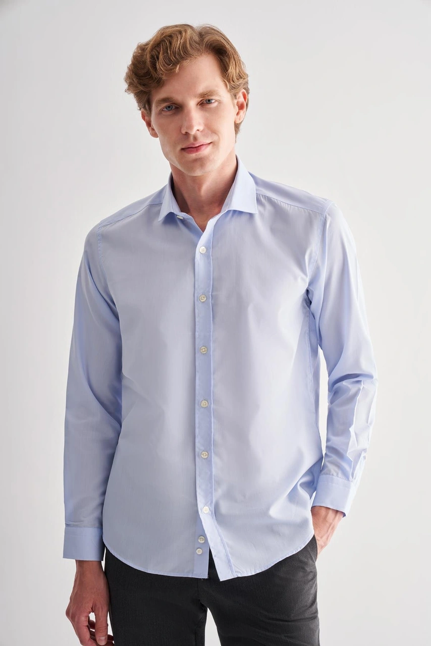 İmza Açık Mavi Yarım İtalyan Yaka Uzun Kol Easy To Iron Slim Fit Pamuklu Gömlek 1004255301 Açık Mavi