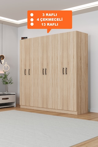 Ae-2115 Kale Sonomo Gardırop 6 Kapaklı, 4 Çekmeceli, 3 Askılıklı,