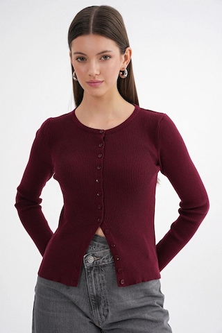Hiccup Mixray Düğmeli Slim Fit Yivli Örgü Hırka Bordo Kırmızı 03