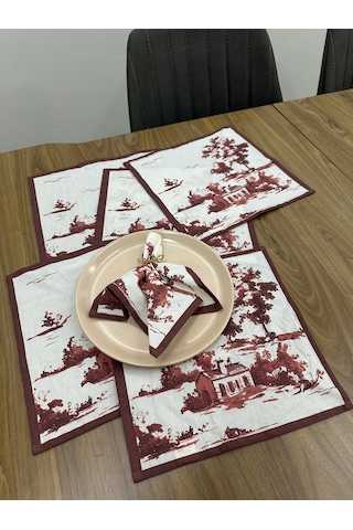 Toile De Jouy Monet Amerikan Servis 6 Lı Set 30x30 Cm %100 Pamuk Dijital Baskılı Country Tarzı Fransız Masa Dekoru - Zt730 Kırmızı