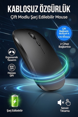 Ultra Slim Sessiz Tıklama Bluetooth Şarjlı Kablosuz Mouse -