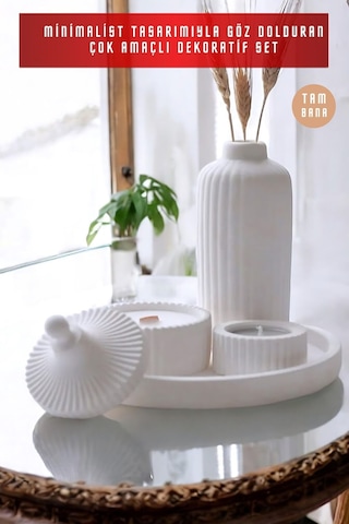 Beyaz Sunumluk Takı Tabağı Dekoratif Tepsi Obje Seti 3 Parça Model 1002