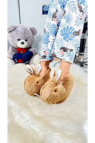 Kadın Panduf Tavşan Figürlü Peluş Ev Botu Desenli Düz Taban Rahat Hafif 359 Kahve