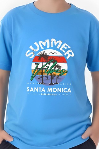 Summer Baskılı Erkek Çocuk Yuvarlak Yaka Kısa Kollu T-shirt Mavi