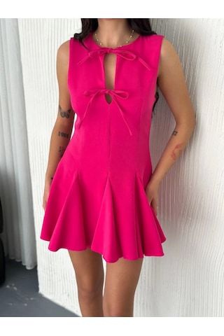 Hazego Göğüs Bağlamalı Kolsuz Mini Boy Elbise - Pembe Pembe