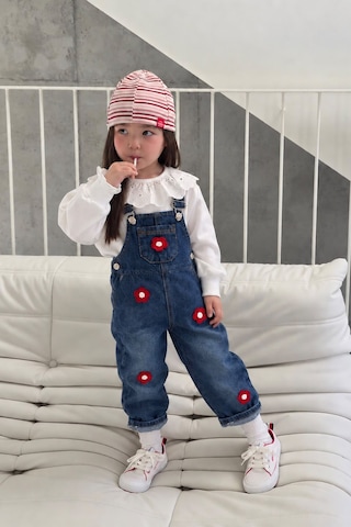 Minigimin Cicileri Çiçek Aplikeli Denim Salopet Ve Dantel Yakalı Bluz Kız Çocuk 2 Li Takım - Mavi Diğer