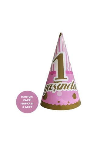 1 Yaş Temalı Pembe Karton Parti Şapkası 8 Adet Tüm Yaşlar