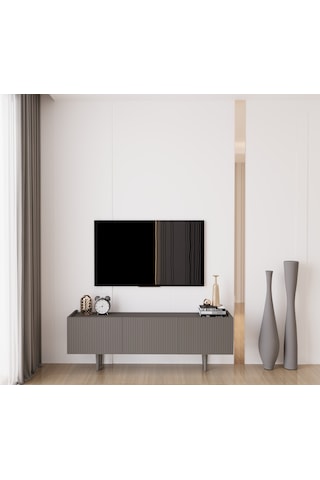 Capella Gri Mdf Country 3 Kapak Ahşap Ayaklı 140 Cm Tv Ünitesi