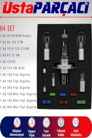 H4 Acil Yol Seti 12v Araç Ampul Ve Sigorta Seti Far Stop Park Sofit Ampul + Blade Sigorta Seyahat Güvenlik Kiti