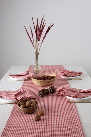 Doku Keten Piti Kareli Kırmızı Runner - Piknik Örtüsü 40 x 150 CM Kırmızı