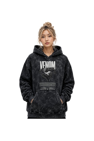 Sevbano Venom Kahraman Baskılı Unisex Oversize Yıkamalı Premium Hoodie Sw Siyah