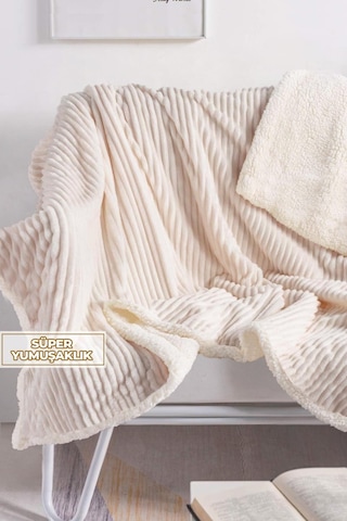 Sherpa Battaniye Çift Kişilik Çizgili Yumuşak Peluş Wellsoft Yatak Örtüsü Krem