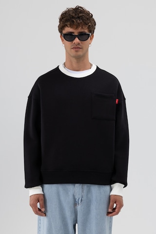 Vamos Bisiklet Yaka Cep Detaylı Oversize Sweatshirt Siyah