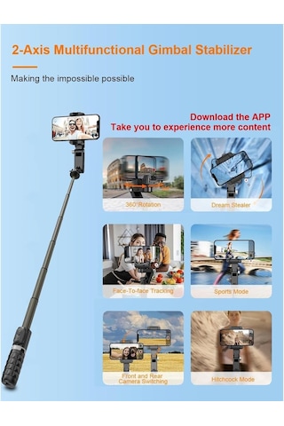 Selfie Çubuğu Tripodlu Gimbal - 2 Eksenli Manevra, Uzayabilir Tripod Telefon Sabitleyici, Led Işıklı Tasarım, Self Genel
