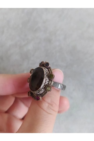 925 Gümüş Dumanlı Kuvars Yüzük 288 Siyah - Beyaz