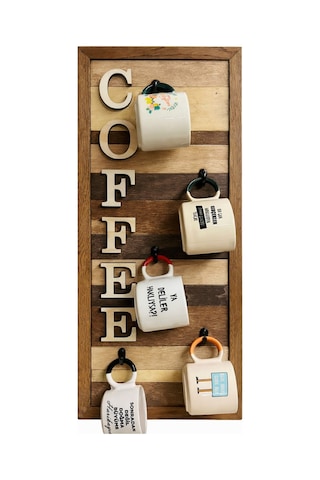 Ahşap Duvar Kupa Askılığı 5 Li Kahve Köşesi Organizer 25x61 Cm