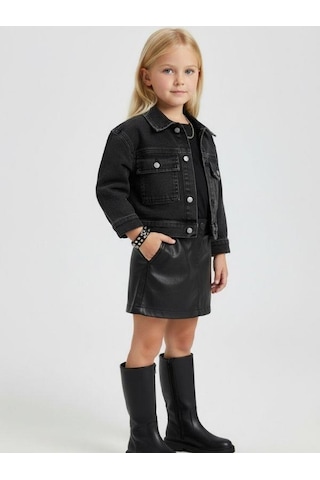 Zekids Kız Çocuk Cepli Crop Kot Ceket-16683 Siyah