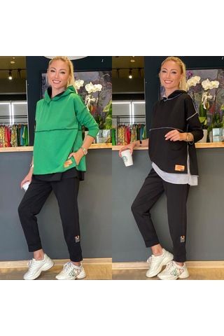 Modaserdem Kadın Yeşil Kapşonlu Etek Ucu Detay Arma Ters Dikiş Gorunumlu Ikili Takım Yeşil