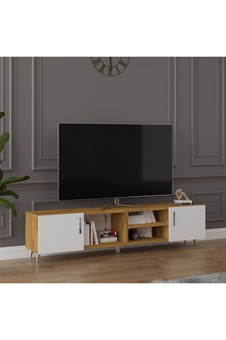 Asra Trend Tv Ünitesi T-11 %100 MDF 180 cm Tv Sehpası Dolaplı Raflı Beyaz-Petra