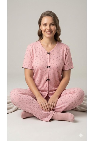 Sleeproom Yazlık Pembe Siyah Zeytin Dalı Desenli Kısa Kol Penye %100 Pamuk Pijama Takım