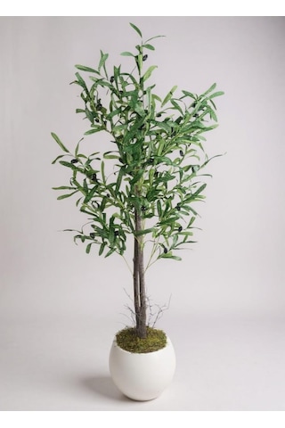 Yapay Zeytin Ağacı 130cm İki Gövdeli Beyaz Küre Saksıda Salex Doğal Gerçek Görünümlü Yapay Ağaç