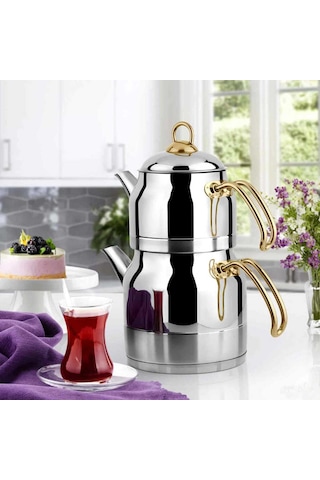 Lines Ayperi Paslanmaz Çelik Çaydanlık Takımı Gold Kulp 7 L Gold