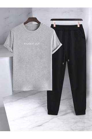 Uyguntarz Unisex Beatiful Soul Tasarım Basklı Tshirt Eşofman Takımı Gri