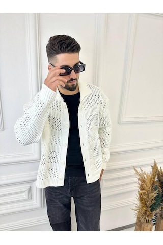 Elku Moda Hırka Oversize Özel Örgülü Triko Desenli Salaş Örgü Hırka Beyaz