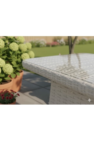 Gardenya Serisi Rattan Örgü Cam Tablalı Dikdörtgen Bahçe Ve Balkon Sehpası Açık Gri