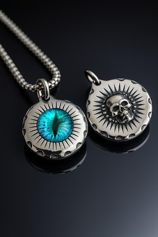 Arka Yüzünde Kuru Kafa Sembollü Mavi Ejder Gözü Paslanmaz Çelik Kolye Mavi