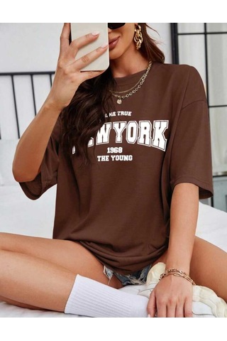 Noıssey Kahverengi New York Baskılı Oversize Unisex