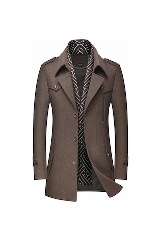 Erkek Yünlü Ceket Sonbahar Ve Kış Erkek Eşarp Yaka Mont Kaban Kahverengi