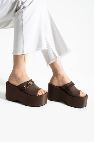 Dabab Shoes Lunara Kadın 3'lü Paket Tokalı 10 Cm Platform Topuklu Kalın Taban Terlik Sandalet Bej - Kahve - Taba Kahverengi Kombin