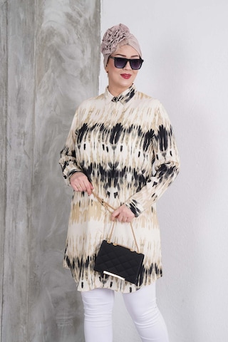 Polologin Butik Siyah Bej Desenli Gömlek Tunik Siyah & Bej
