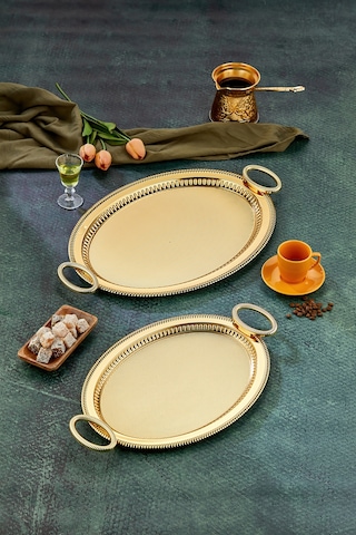 Cooker 2'li Özel Seri Oval Model Lüx Metal Çay Sunum, Nişan Tepsisi 37x28 Ve 44x33 Cm Altın