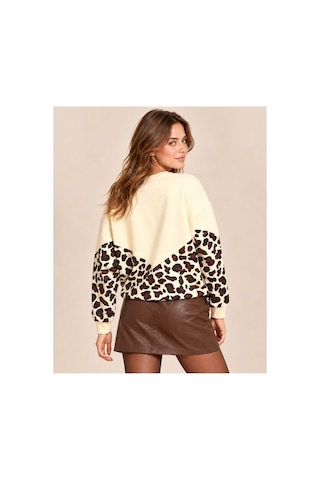 Mamayaga Kadın Bisiklet Yaka Uzun Kendinden Dokulu Baskılı Leoparlı Yazılı Kazak Sweatshirt Bej