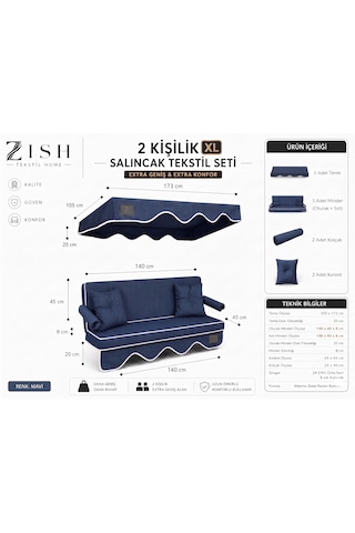 Altaleno 2 Kişilik 140 45 Cm Süngerli Bahçe Balkon Salıncak Minderi Yıkanabilir Kılıflı, Tenteli Keten Kumaş Tekstil Seti 24 Dns 8 Cm Orta Sert Sünger Mavi