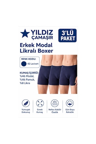 Yıldız Çamaşır Erkek Modal Likralı Boxer 36-37-38-39-40-41-42 - 3 Adet Lacivert