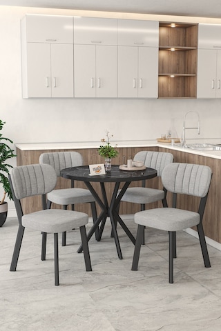 Gnr 90cm Sabit Siyah Mutfak Masası Takımı, Yemek Masası, 4 Modern Gri Sandalye Gri